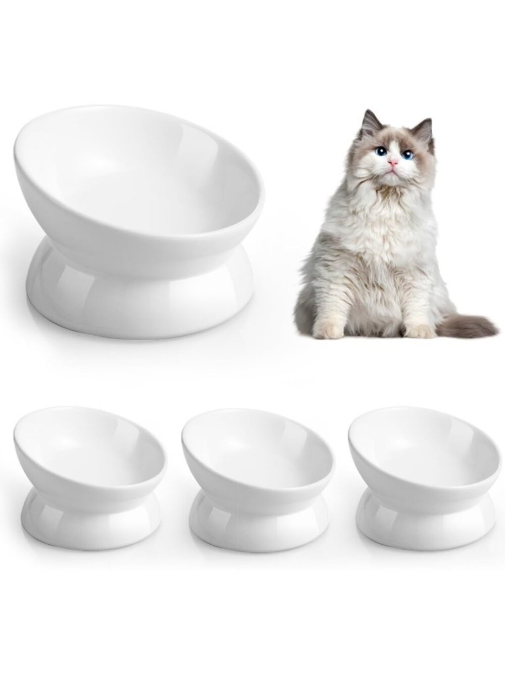 Elevated Ceramic Cat & Dog Bowls - Anti-Vomiting, Tilted Design, 4 Pack